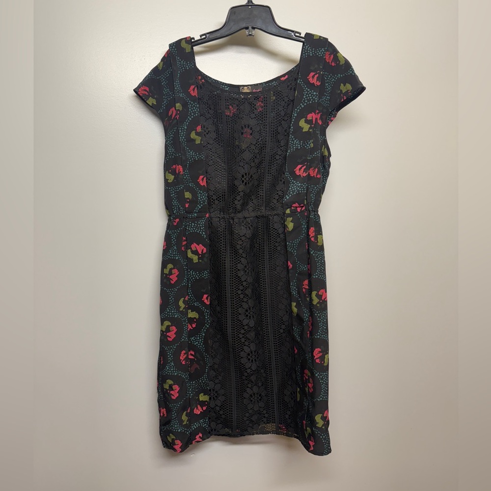 Anthropologie Tracy Reese 100% Silk Black Mesh Dress Pink Green Floral Accent